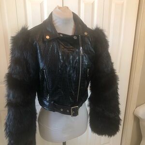 Black Croc-Embossed Faux Leather Moto Jacket with Faux Fur Sleeves